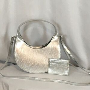 Loft Women's Metallic Crescent Crossbody Bag with Matching Card Holder